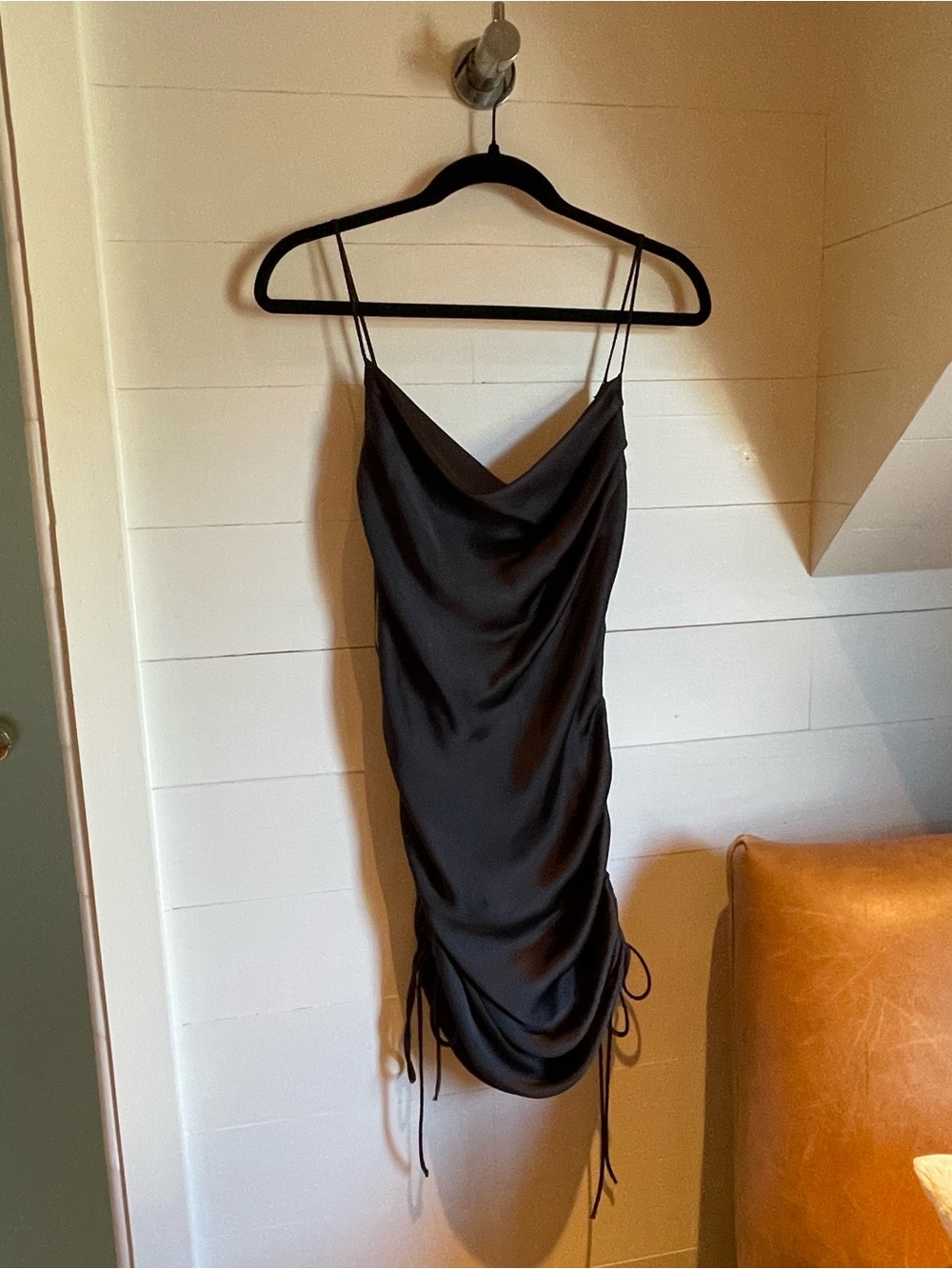 Zara Black Satin Cowl Mini Dress with Adjustable Side Ties